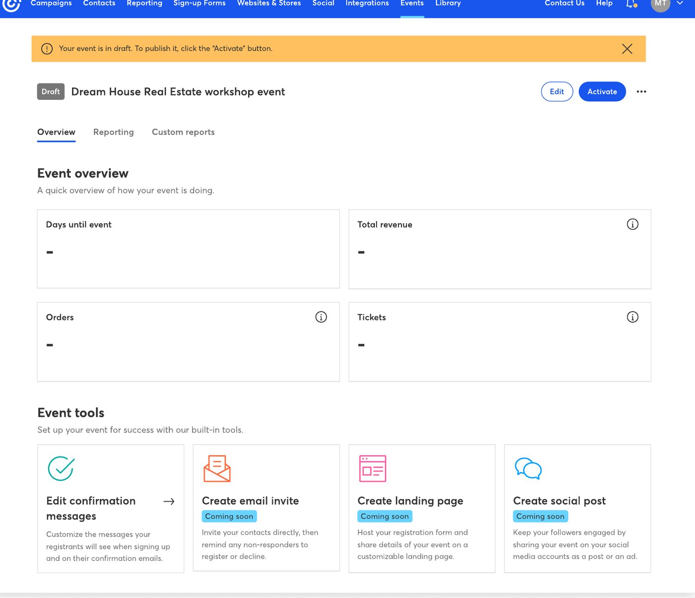 Draft state of the dashboard