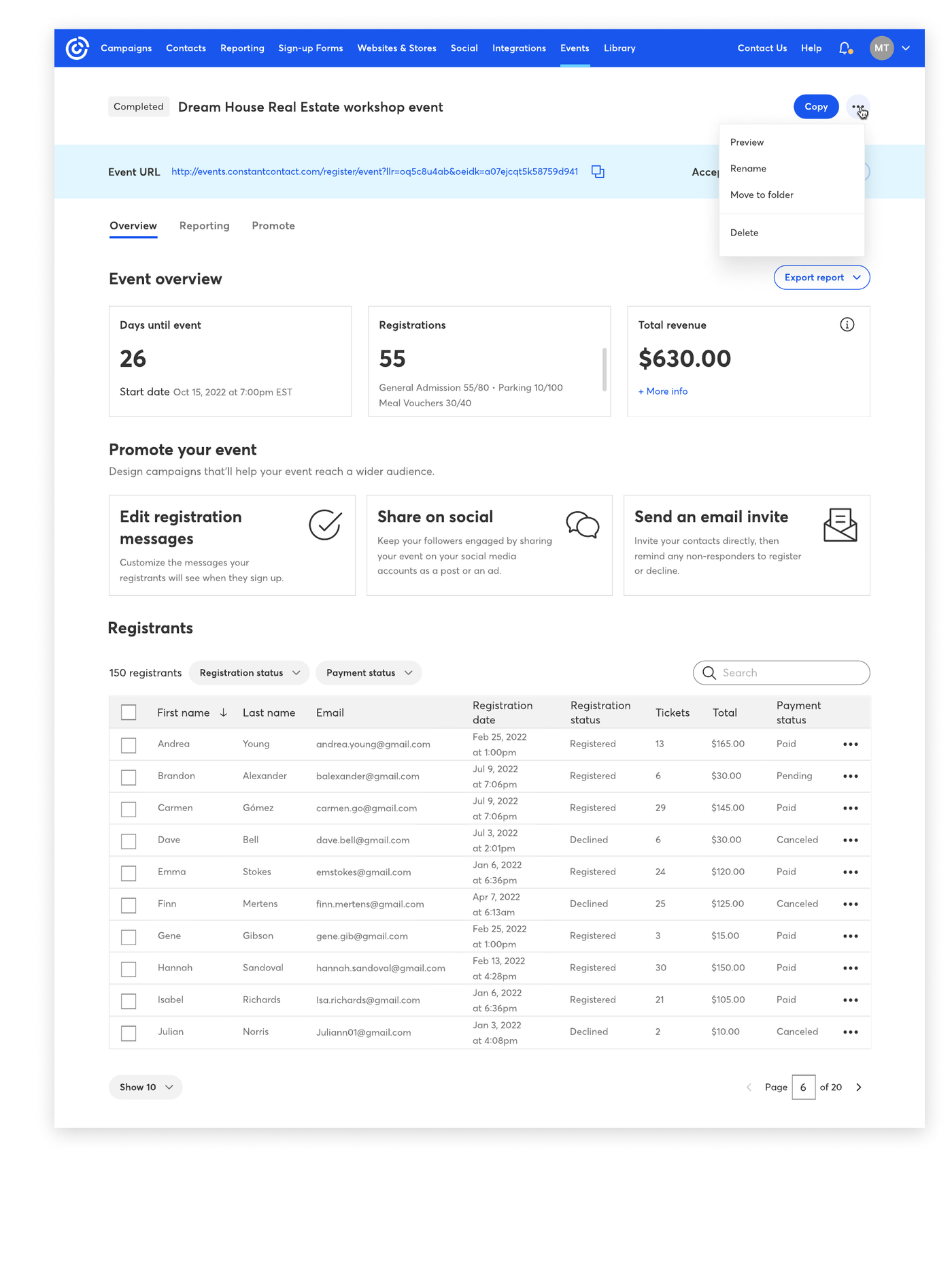 First iteration of the dashboard with registrants table