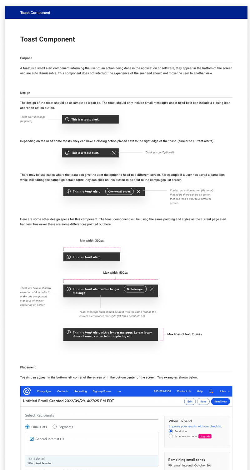 Toast component specification document