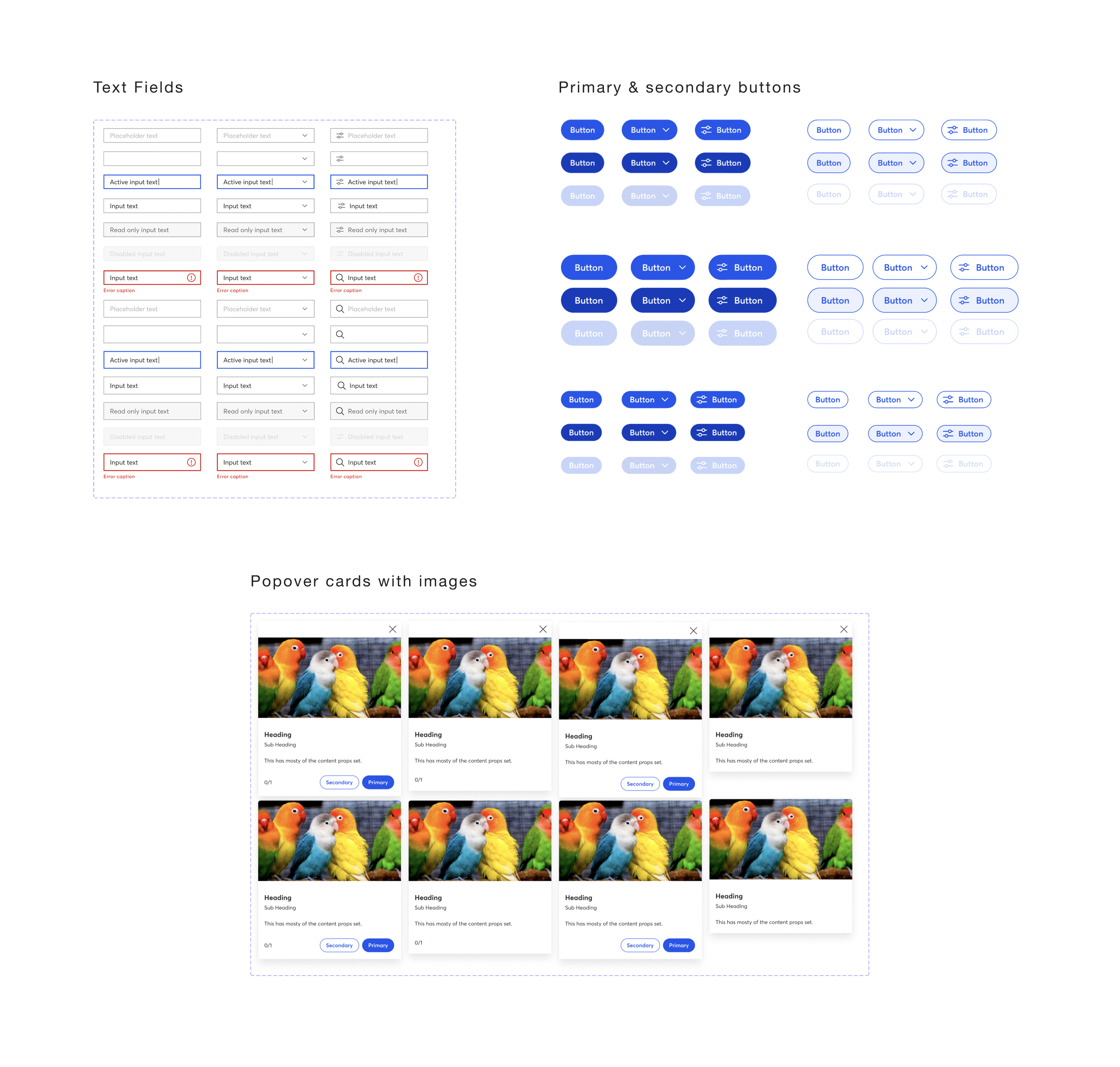 Figma library components — text fields and buttons