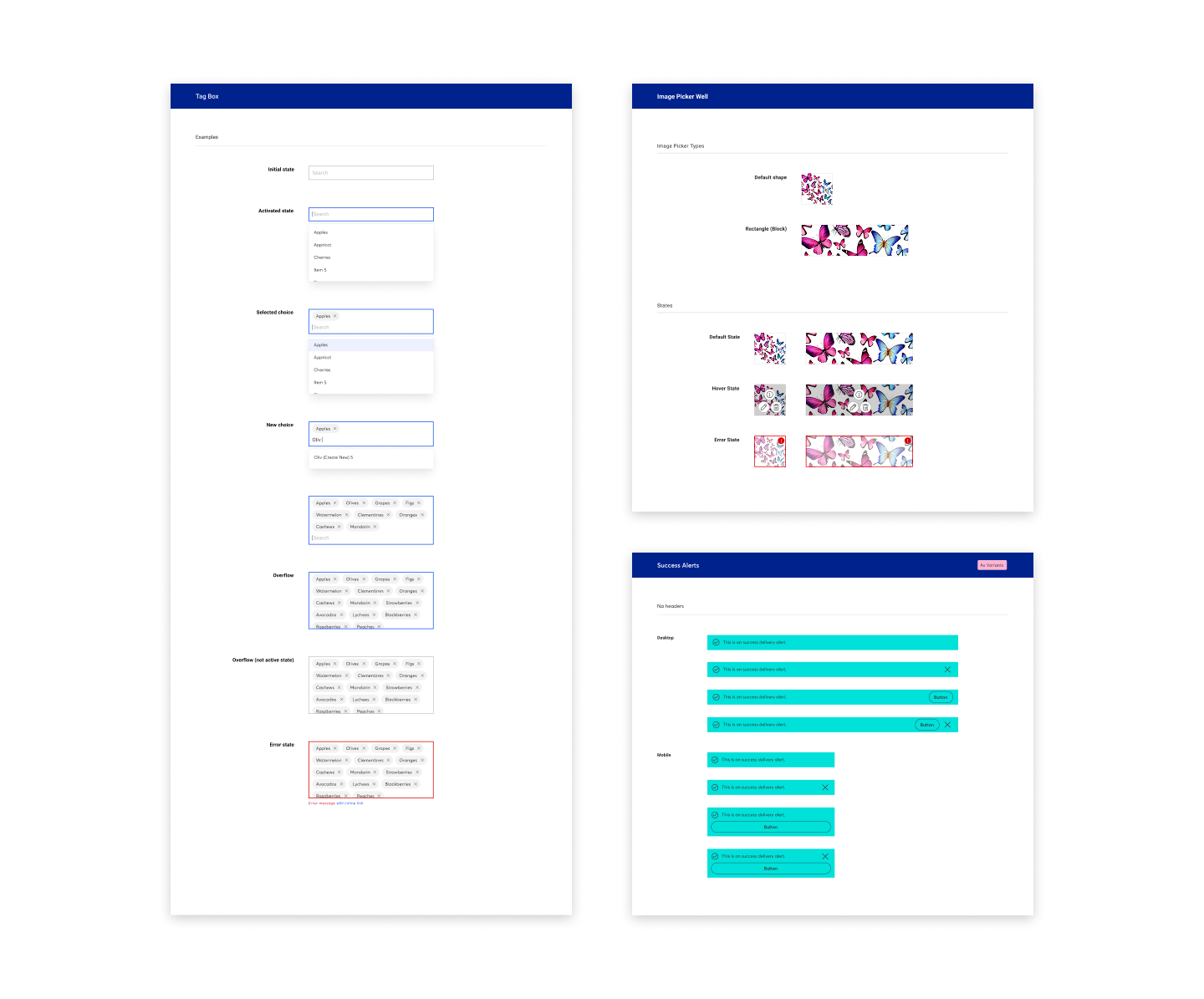 Stickersheet examples — tag box, image picker, success alerts