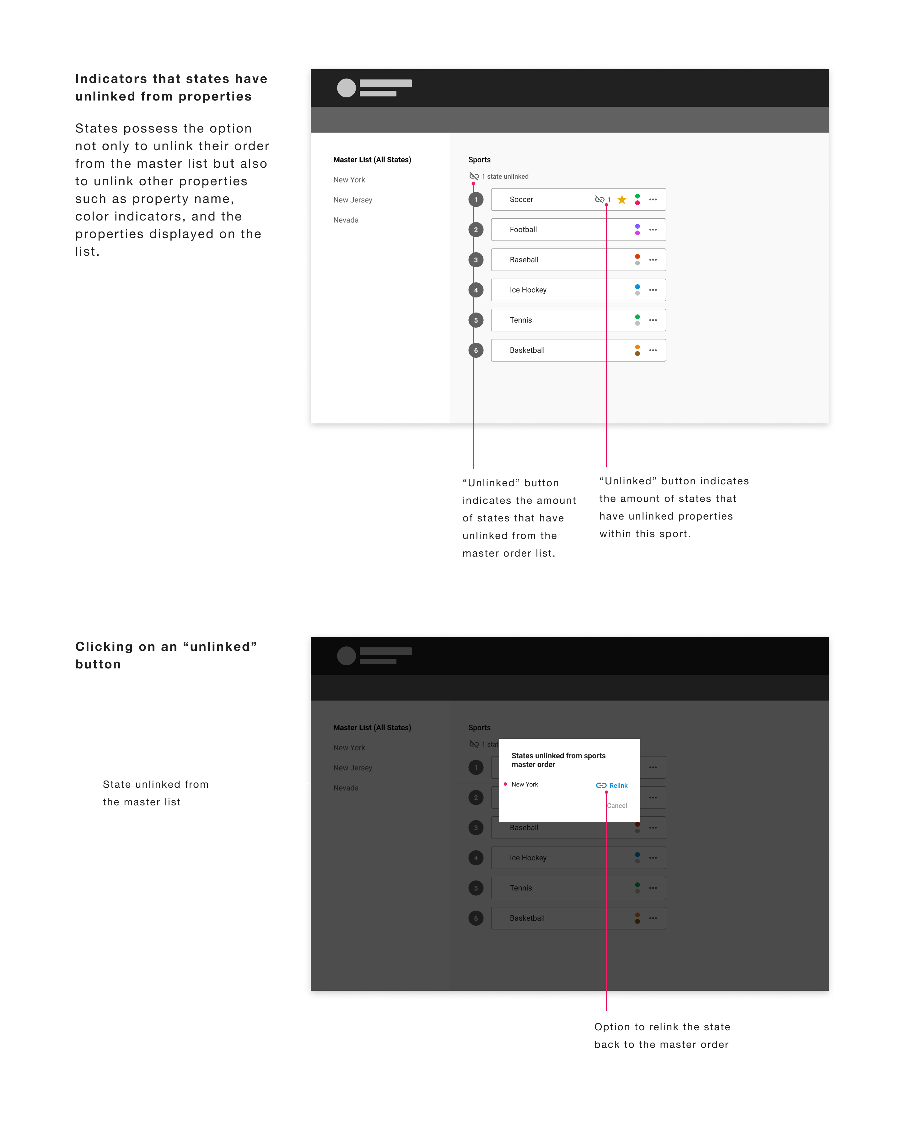 Master list showing unlinked state indicators
