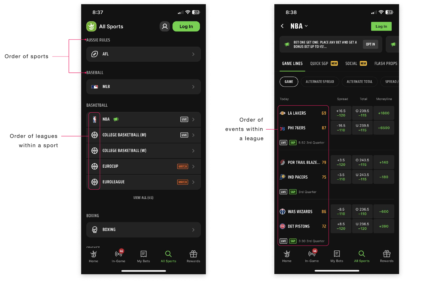 Order of sports, leagues and events in the DK Sportsbook app